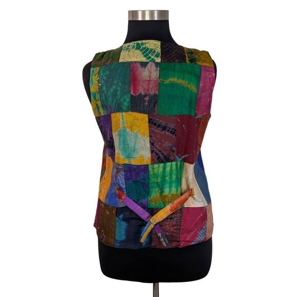 VTG L 80s 90s Silk Patchwork Vest Boho Hippy Festival Blossom Art Renfair Pirate - Picture 5 of 9